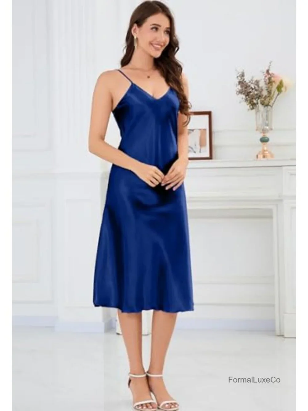 Midi Satin Slip Dress Adjustable Spaghetti Strap Nightgown Silky Under Dress